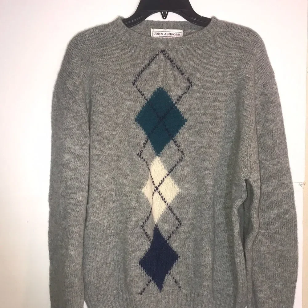 John Ashford Men's Knitted Pure Wool Geometric Print Long Sleeve Gray Sweater Si